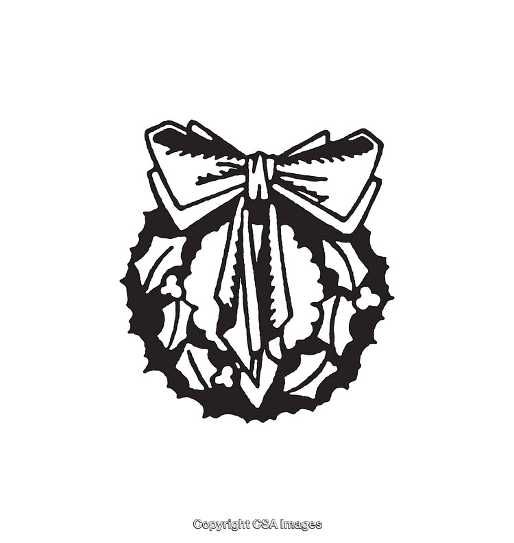 Black And White Line Art Illustration of a Holiday Wreath With a Bow