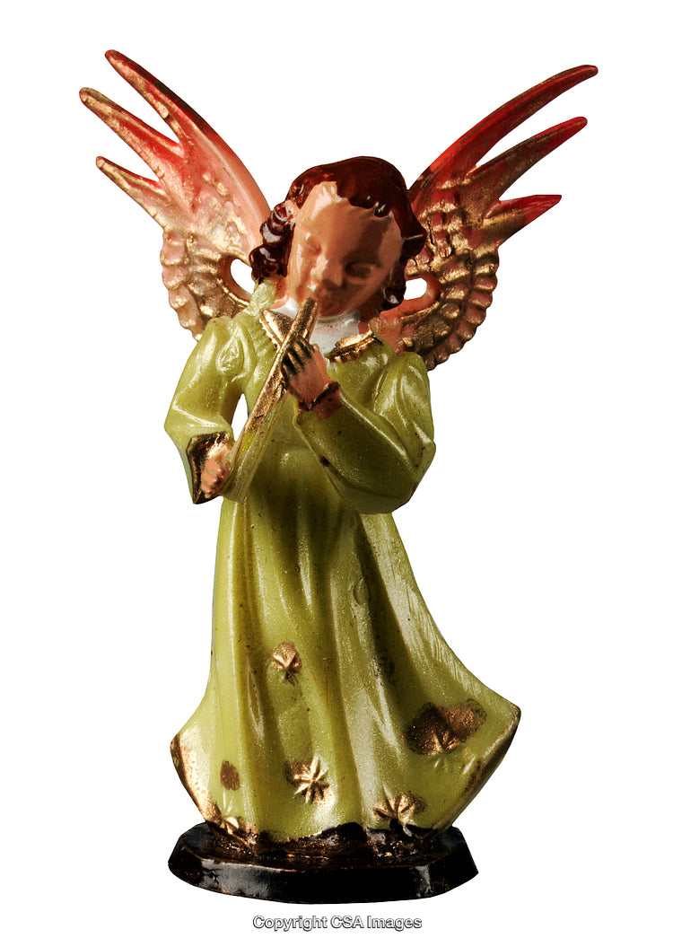 Vintage Green Angel Figurine with Golden Wings Playing a Musical Instrument