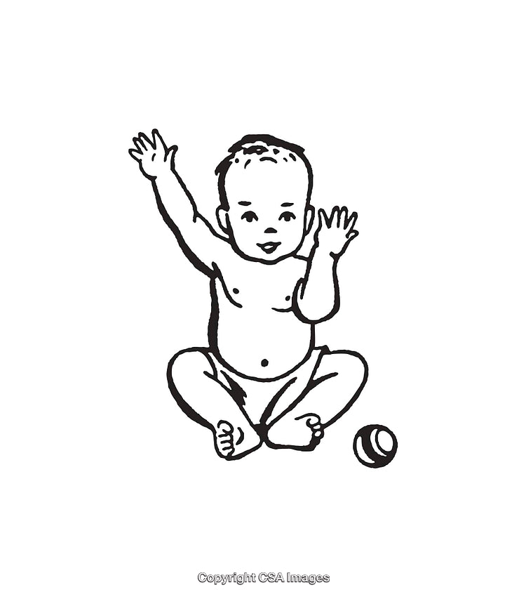 Black And White Line Art Illustration of Baby Playing With Ball