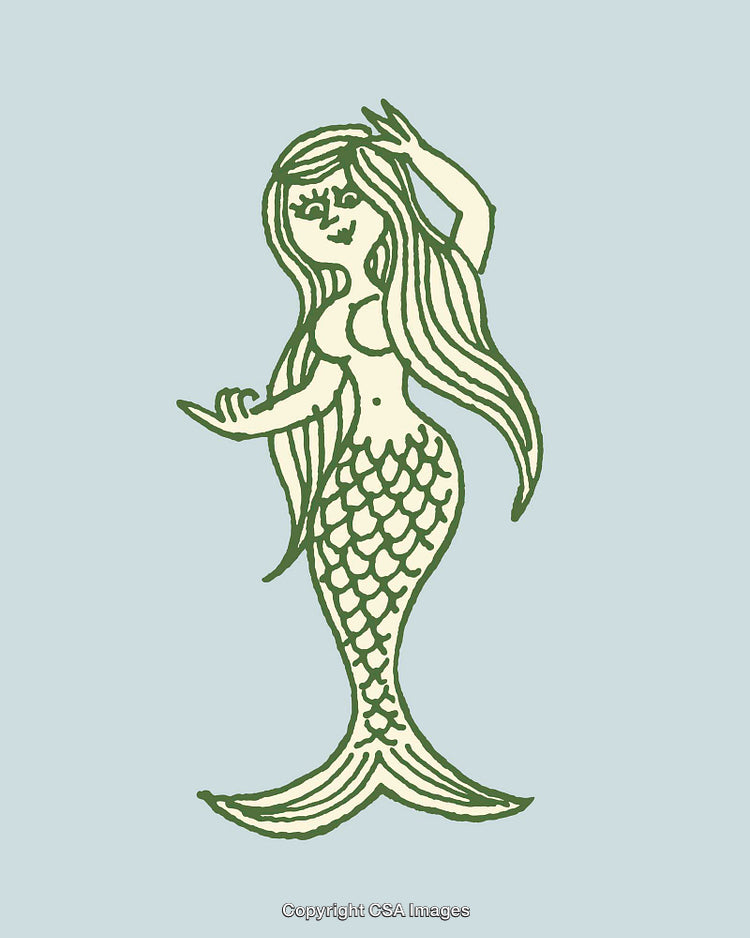Illustration of a Mermaid in Green Line Art on Light Background