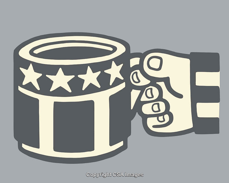 Hand Holding a Decorative Mug with Stars in Line Art Illustration