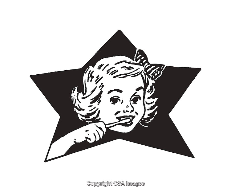 Retro Style Line Art of Girl Brushing Teeth with a Star Background