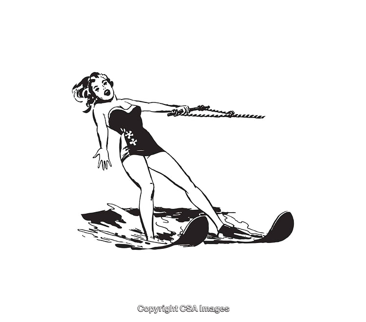 Black and White Illustration of a Woman Water Skiing