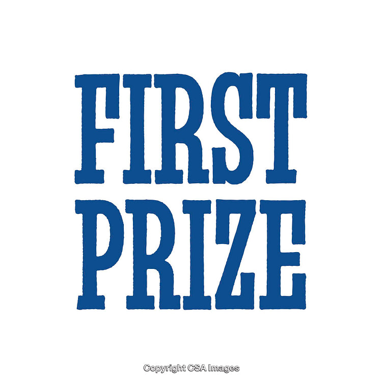 Bold Blue Text Depicting 'First Prize' Concept on White Background