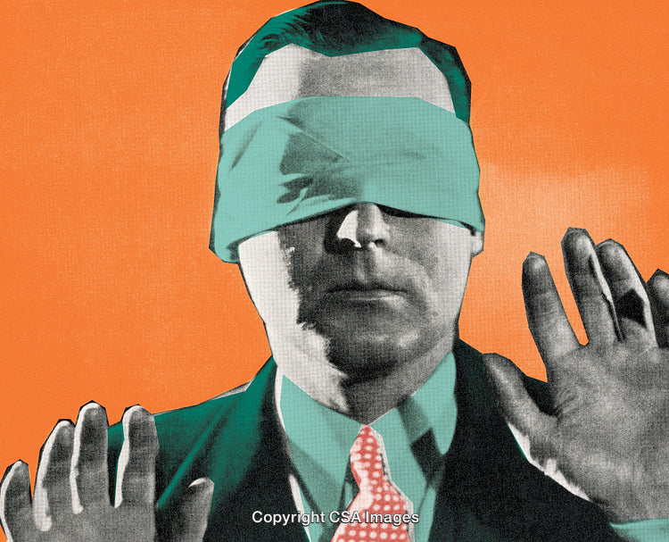Man Blindfolded in Retro Style Silhouette on Orange Background