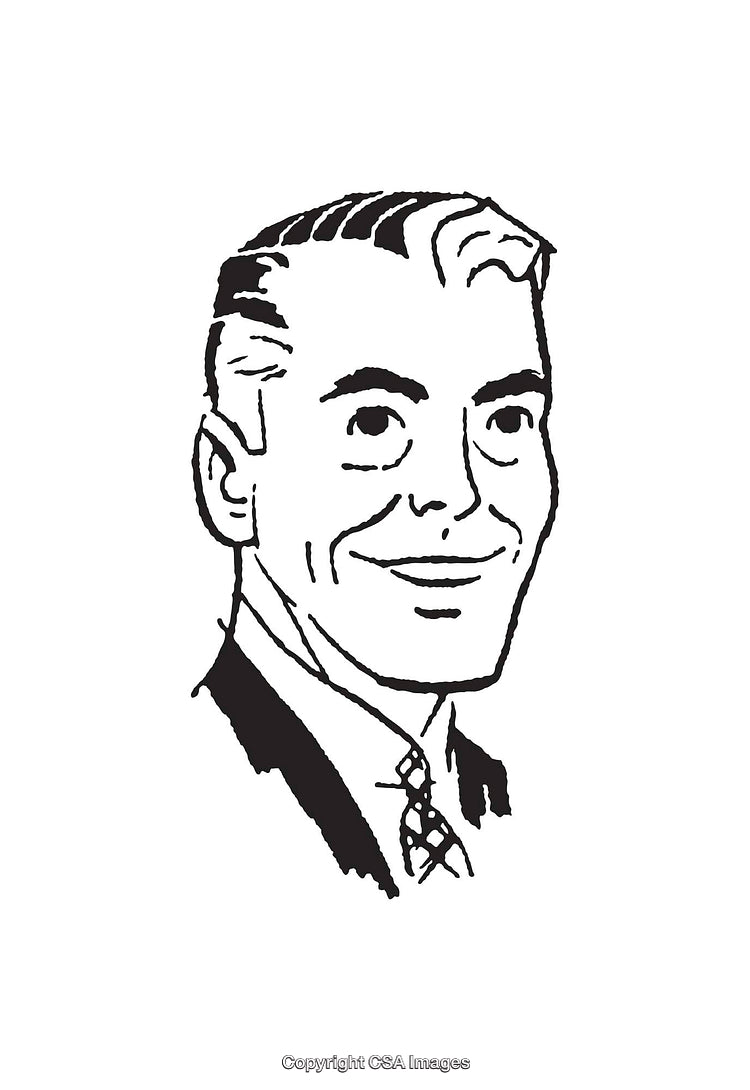Black and White Line Art Illustration of a Smiling Man in Formal Attire