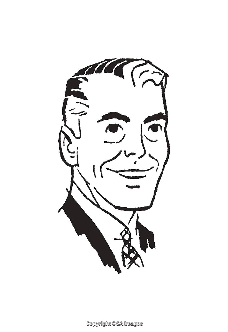 Black and White Line Art Illustration of a Smiling Man in Formal Attire