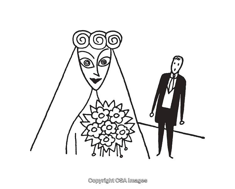 Cartoon Style Illustration of Bride and Groom in Wedding Scene