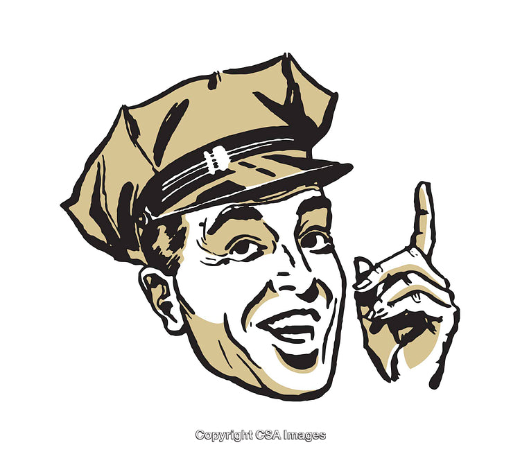 Retro Illustration of Happy Officer Making a Pointing Gesture