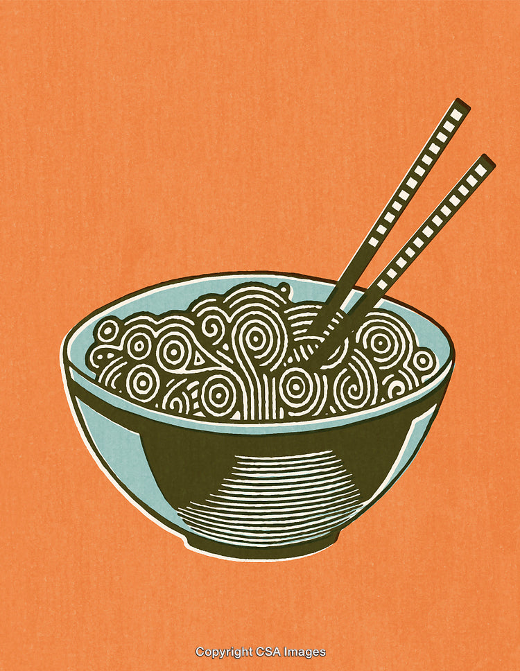 Illustration of a Bowl of Noodles with Chopsticks on Orange Background