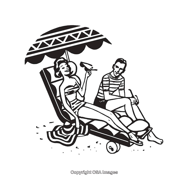 Retro Beach Illustration of a Couple Relaxing Under an Umbrella