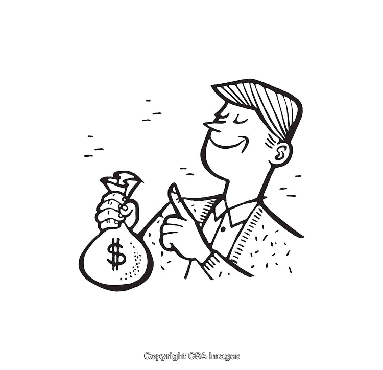Black and White Illustration of a Man Holding a Money Bag and Smiling