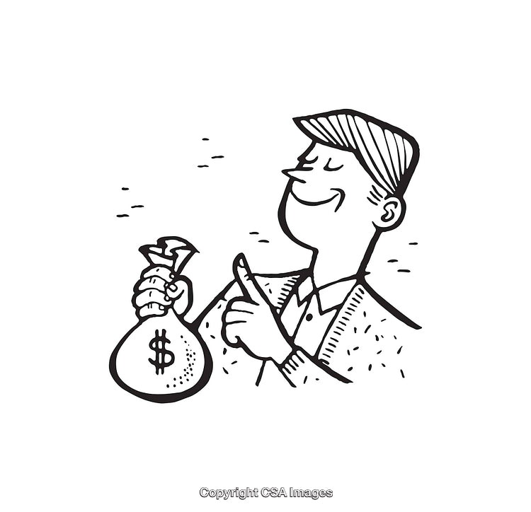 Black and White Illustration of a Man Holding a Money Bag and Smiling