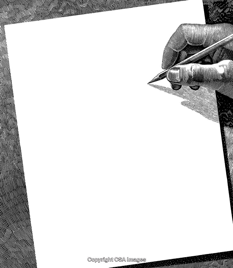 Detailed Black and White Engraving of a Hand Writing on Blank Paper