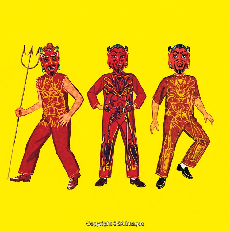 Vintage Halloween Costumes Featuring Three Demon Figures on a Yellow Background