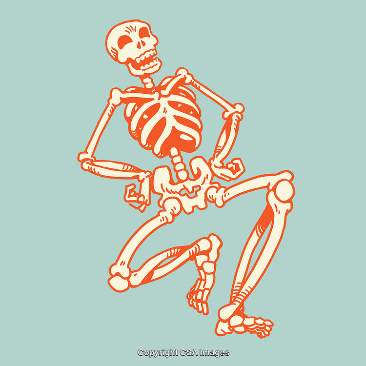 Playful Orange Skeleton Dancing on a Light Teal Background