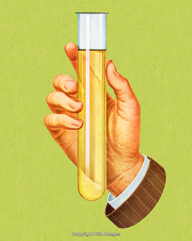 Hand Holding a Test Tube with Yellow Liquid on Green Background