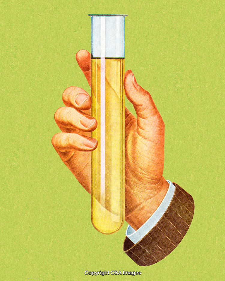 Hand Holding a Test Tube with Yellow Liquid on Green Background