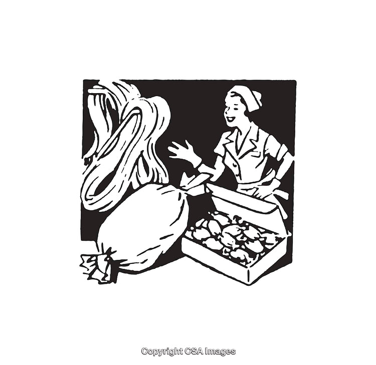 Vintage Style Black and White Illustration of Market Produce Scene