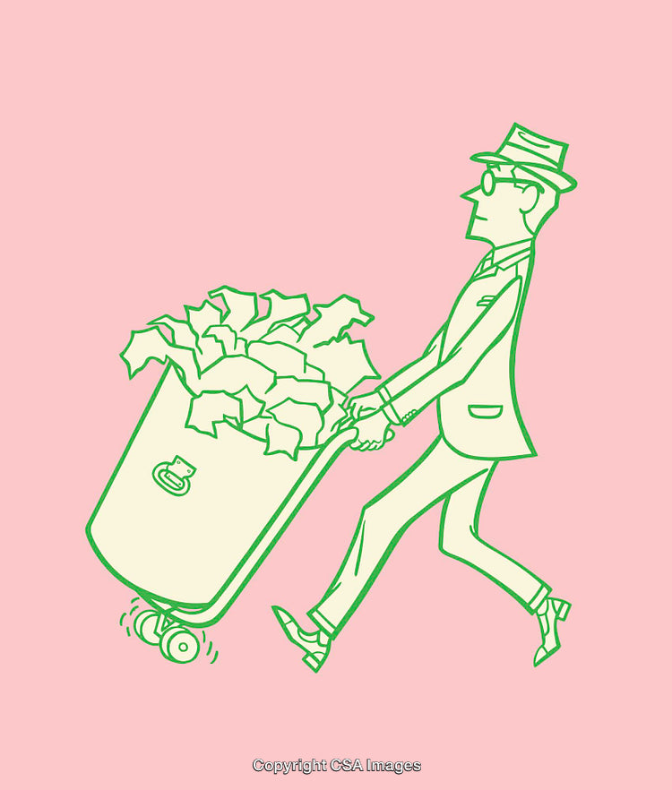 Cartoon Man in Suit Pushing a Wheelbarrow of Trash
