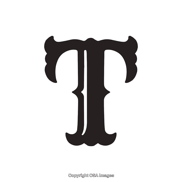 Ornate Black Letter T with Decorative Serif Detailing Isolated on White Background