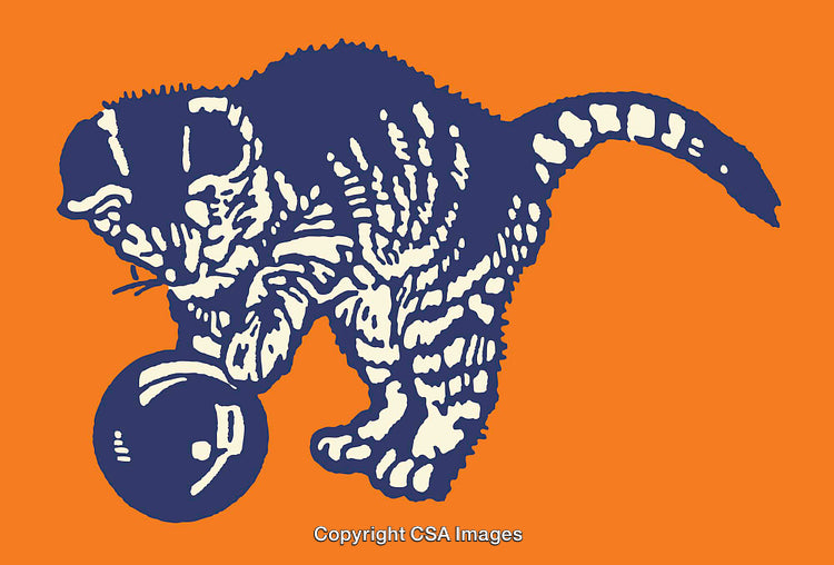Colorful Illustration of a Kitten Playing With a Ball on Orange Background