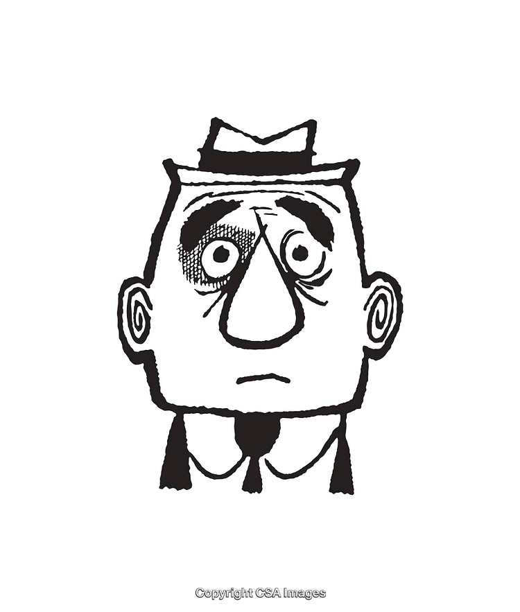 Black And White Line Art Illustration of Expressive Cartoon Face With Hat