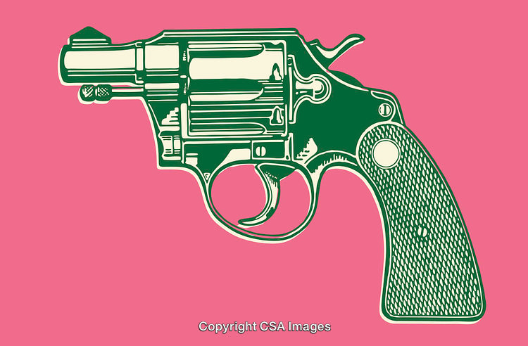 Colorful Retro Revolver Line Art Against Solid Pink Background