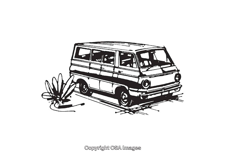 Black and White Line Art of a Retro Minivan with Cactus
