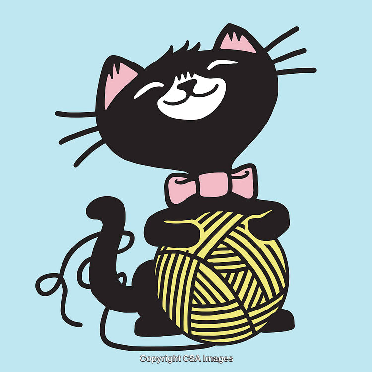 Cute Black Cat Playing with Yarn Ball on Light Blue Background