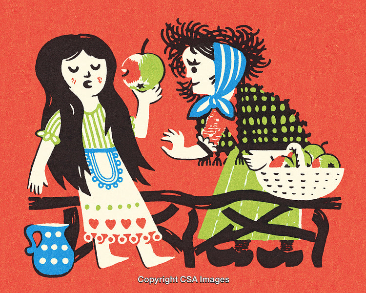 Illustration of Two Women and Apples Depicting a Folkloristic Scene