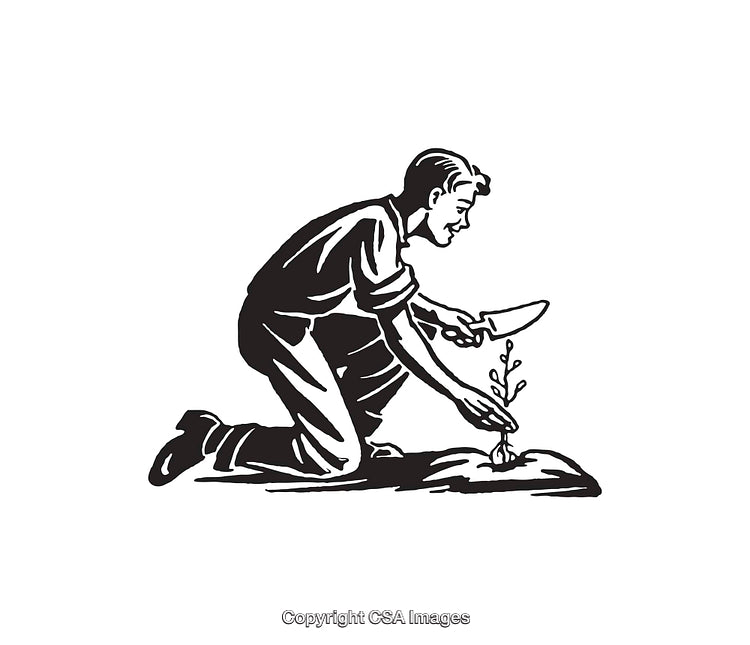 Black and White Illustration of a Man Planting a Young Seedling