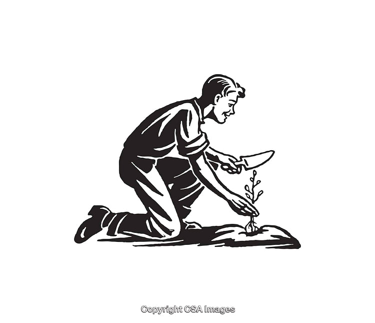 Black and White Illustration of a Man Planting a Young Seedling