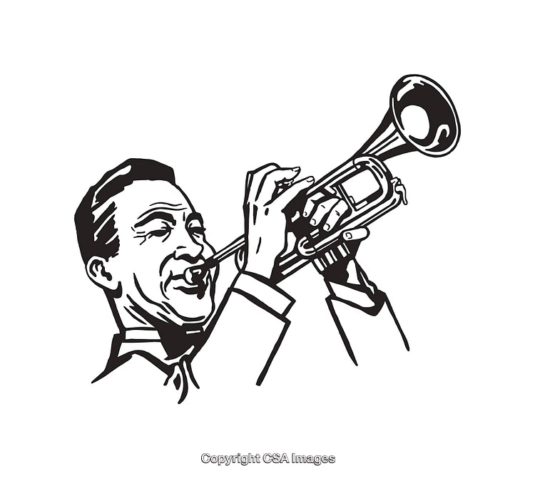 Black and White Line Art of a Trumpet Player Performing Lively Music