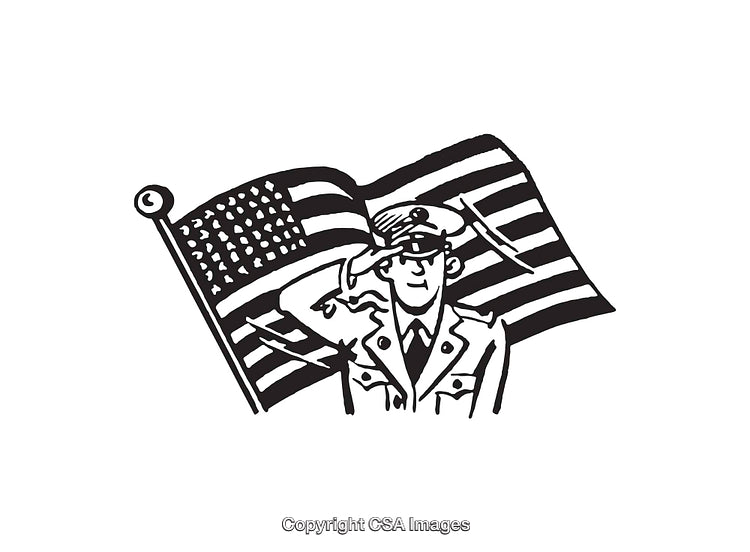 Black and White Line Art of a Soldier Saluting With an American Flag