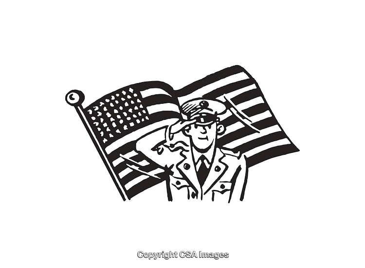 Black and White Line Art of a Soldier Saluting With an American Flag