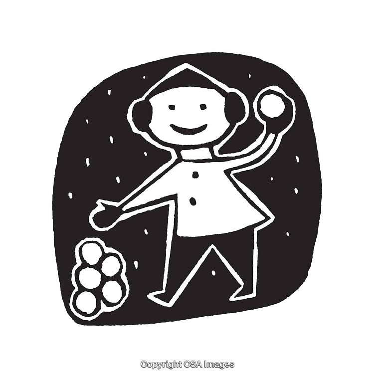 Black And White Illustration of Child Playing in Snow With Snowballs
