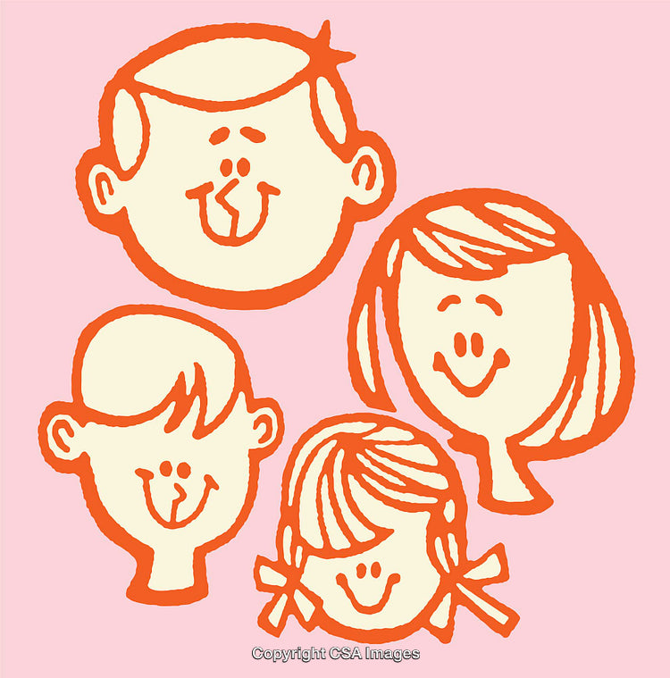 Cheerful Family Illustration with Retro Cartoon Style on Pink Background