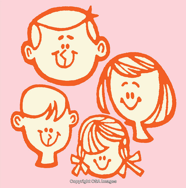 Cheerful Family Illustration with Retro Cartoon Style on Pink Background