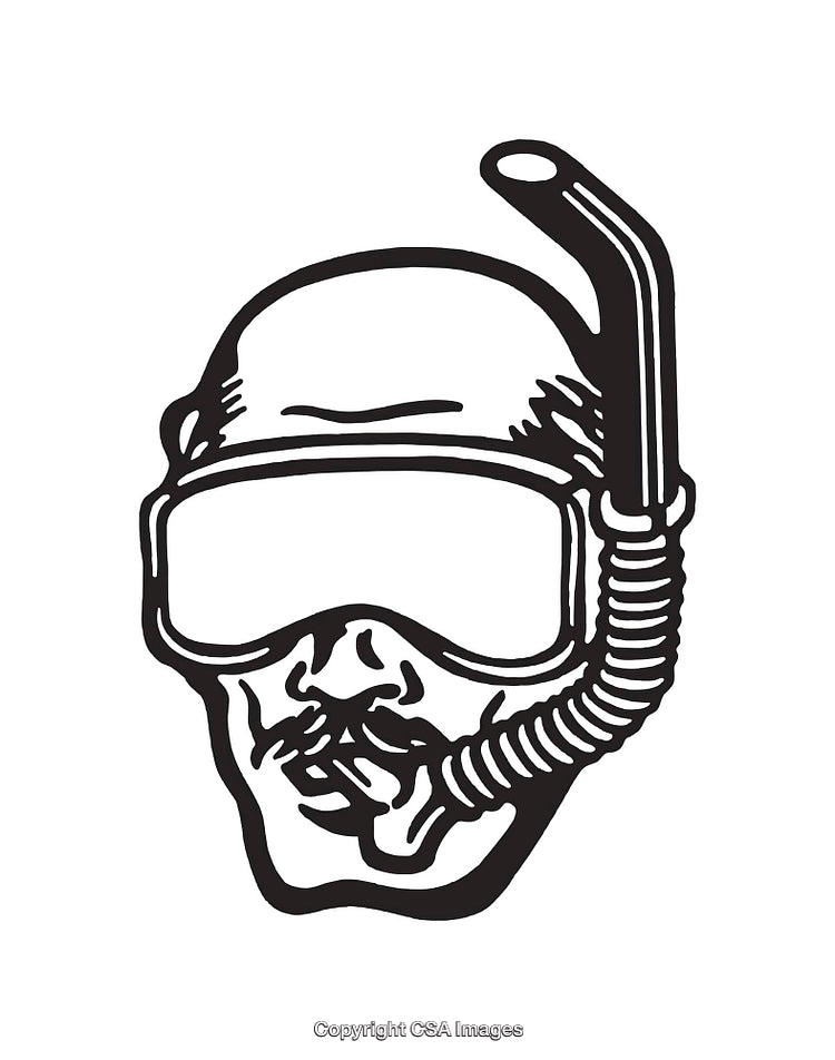 Black And White Line Art of Diver Skull Snorkel Illustration