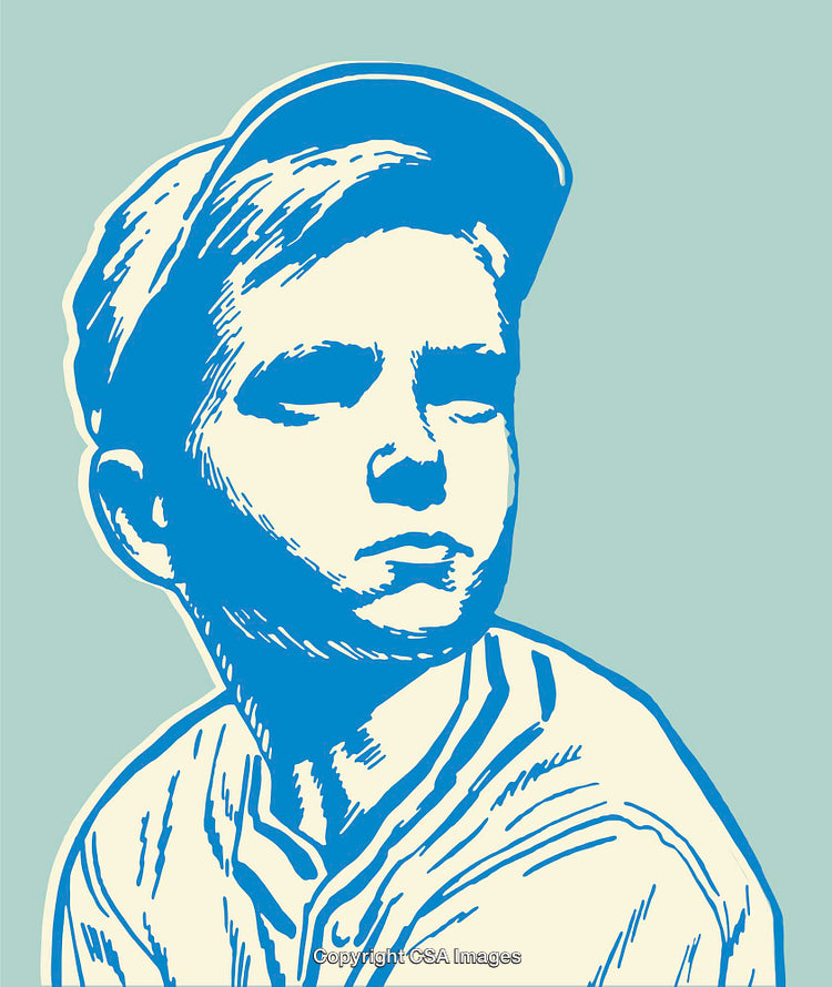 Expressive Blue Line Art Portrait of a Young Boy in a Hat