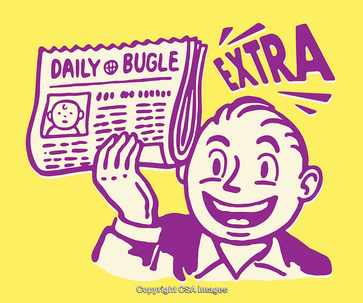Excited Character Holding Newspaper with Extrabold Line Art Design