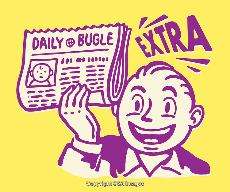 Excited Character Holding Newspaper with Extrabold Line Art Design