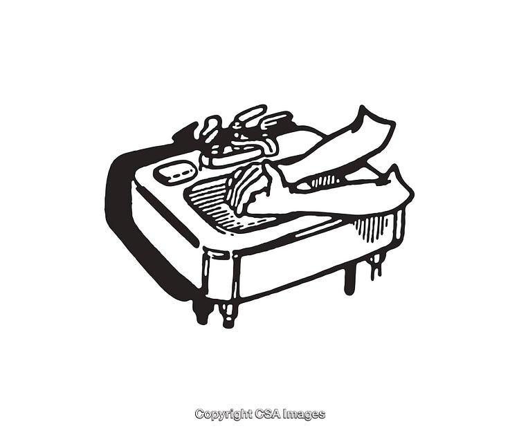 Black and White Illustration of Hands Washing in Retro-Style Sink