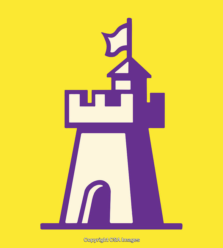Purple Castle Icon on Yellow Background with Flag and Battlements