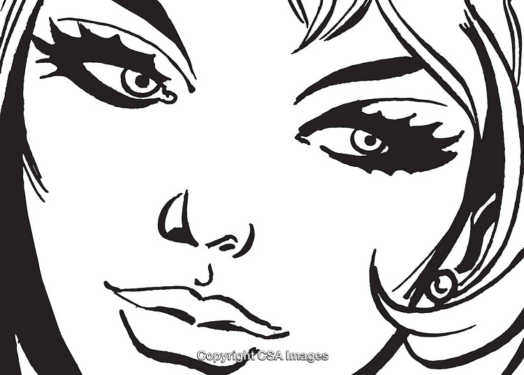 Black and White Illustration of a Woman’s Face Close-Up with Bold Lines