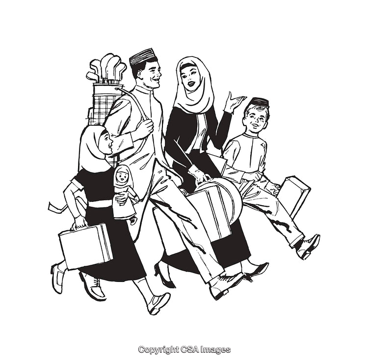 Illustrated Family Traveling Together in Black and White Line Art