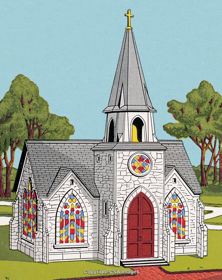 Illustration of a Charming Small Church With Colorful Stained Glass Windows