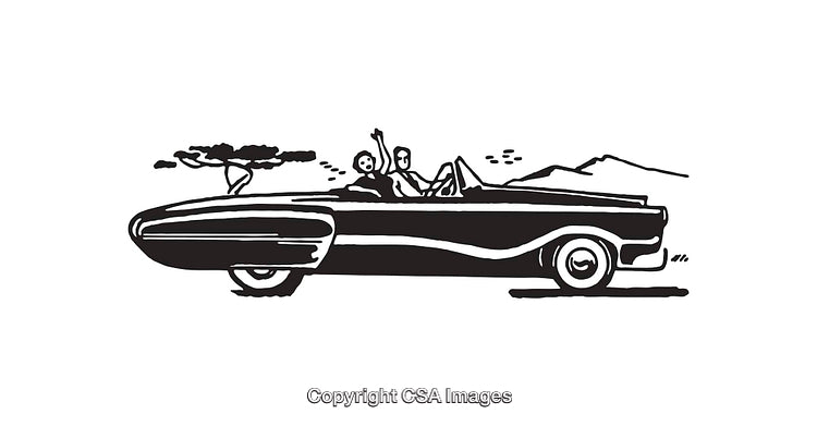 Black and White Line Art of a Classic Convertible with Passengers