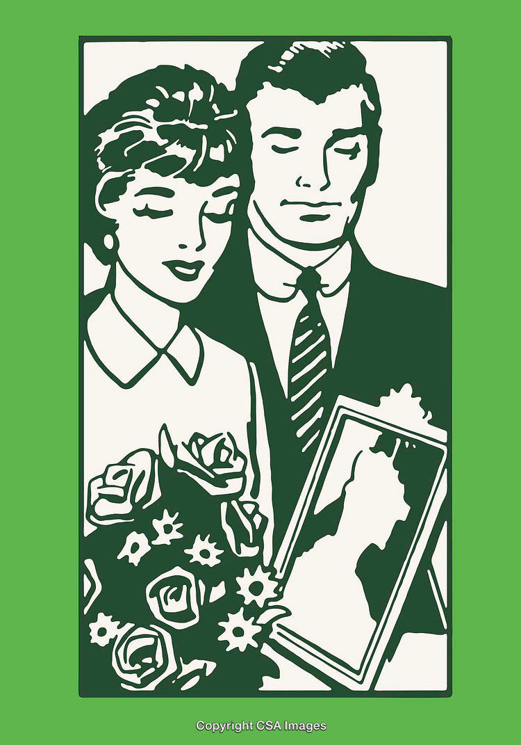 Vintage Couple With Floral Bouquet Holding a Photograph Illustration